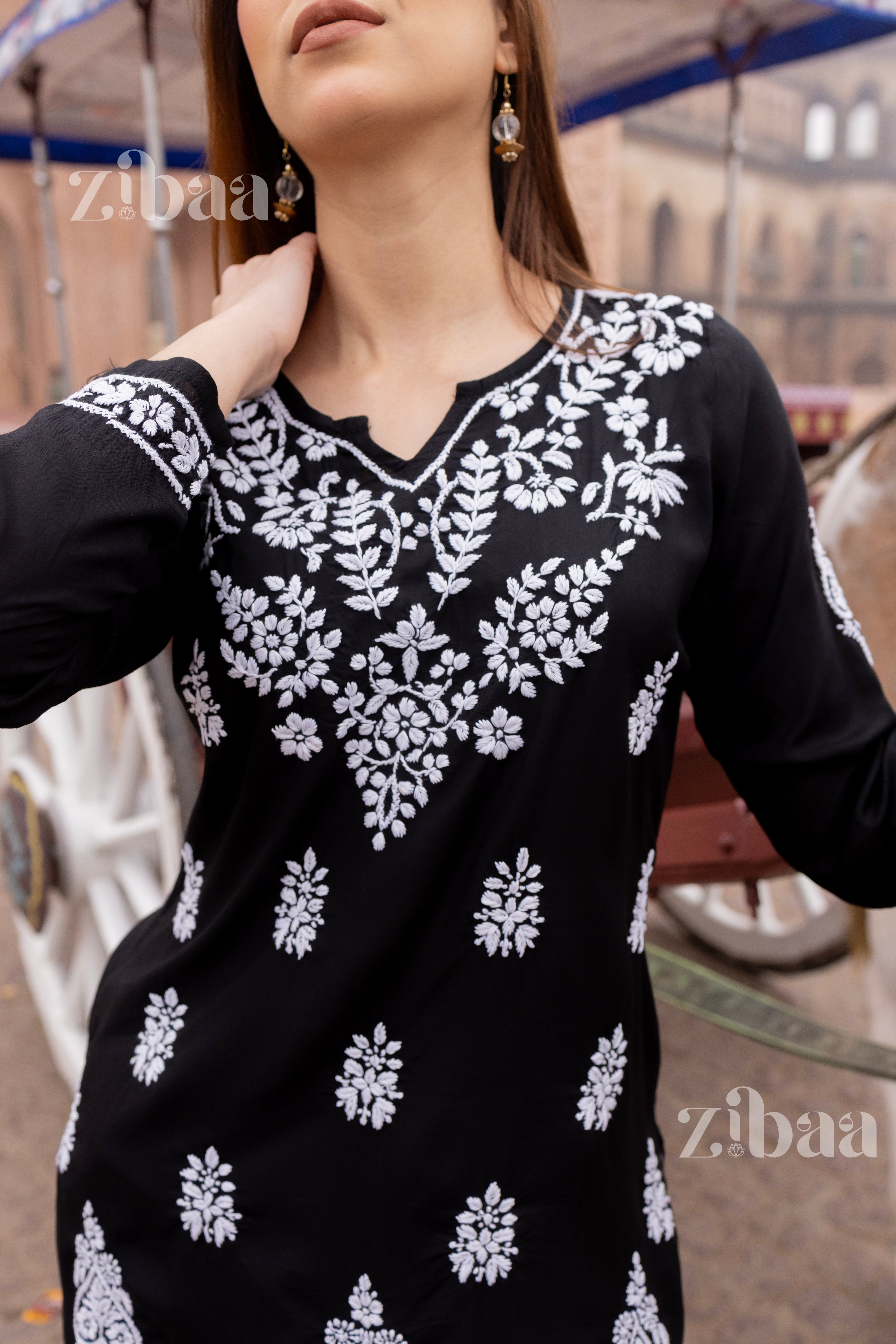 Aiyana Modal Black Short Chikankari Kurti