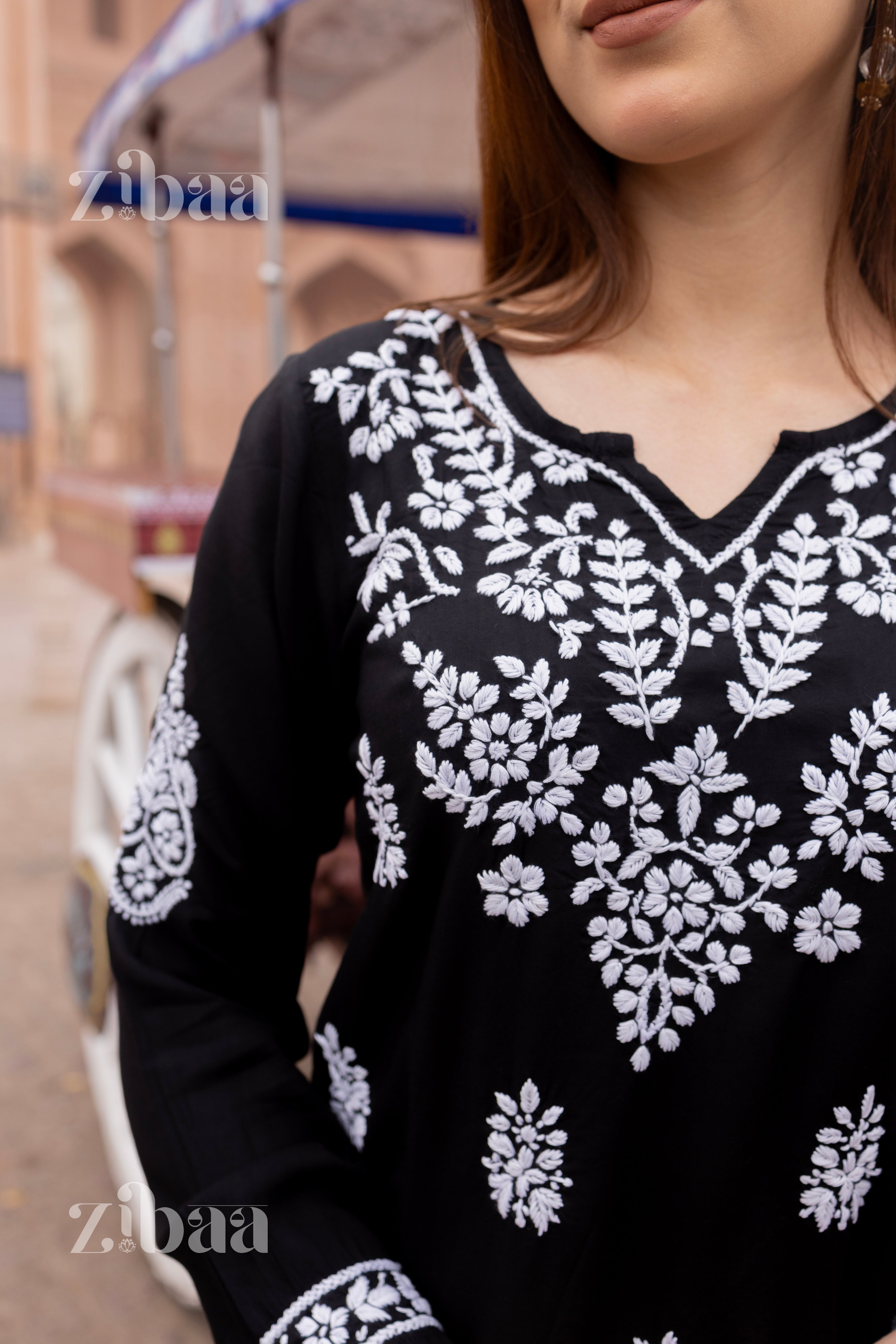 Aiyana Modal Black Short Chikankari Kurti