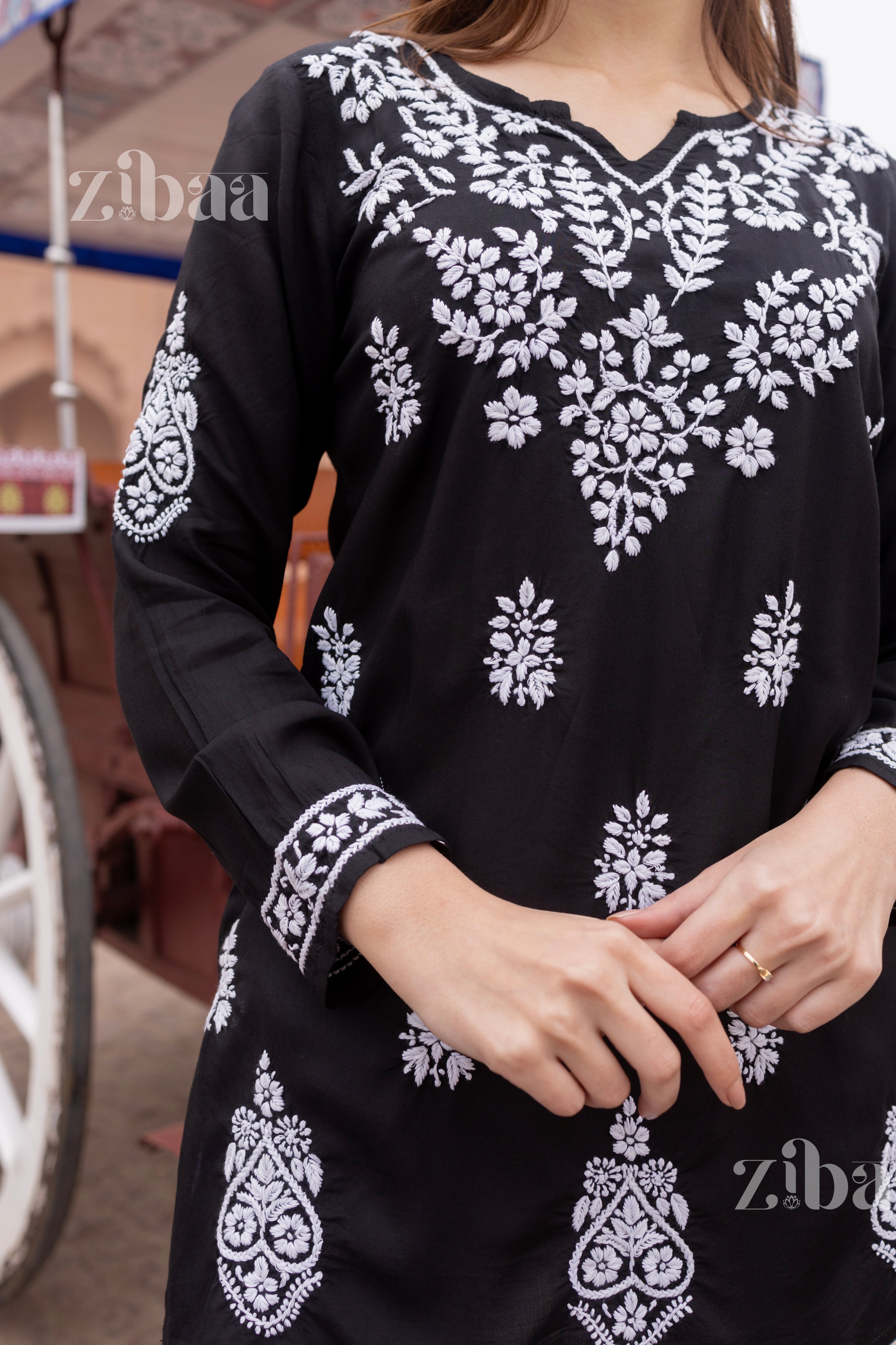 Aiyana Modal Black Short Chikankari Kurti