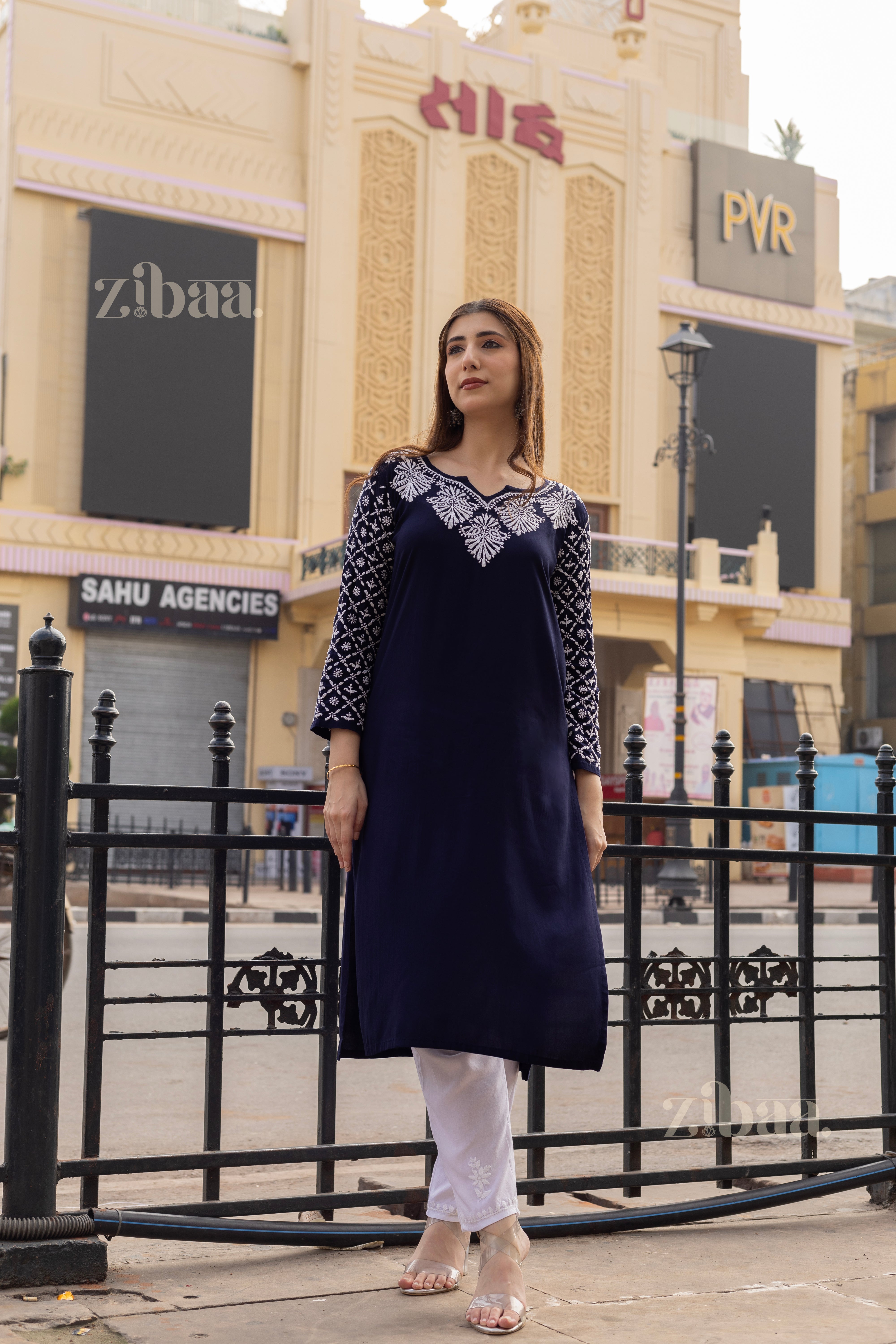 Maaya Rayon Blue Chikankari Kurti with Jaal work