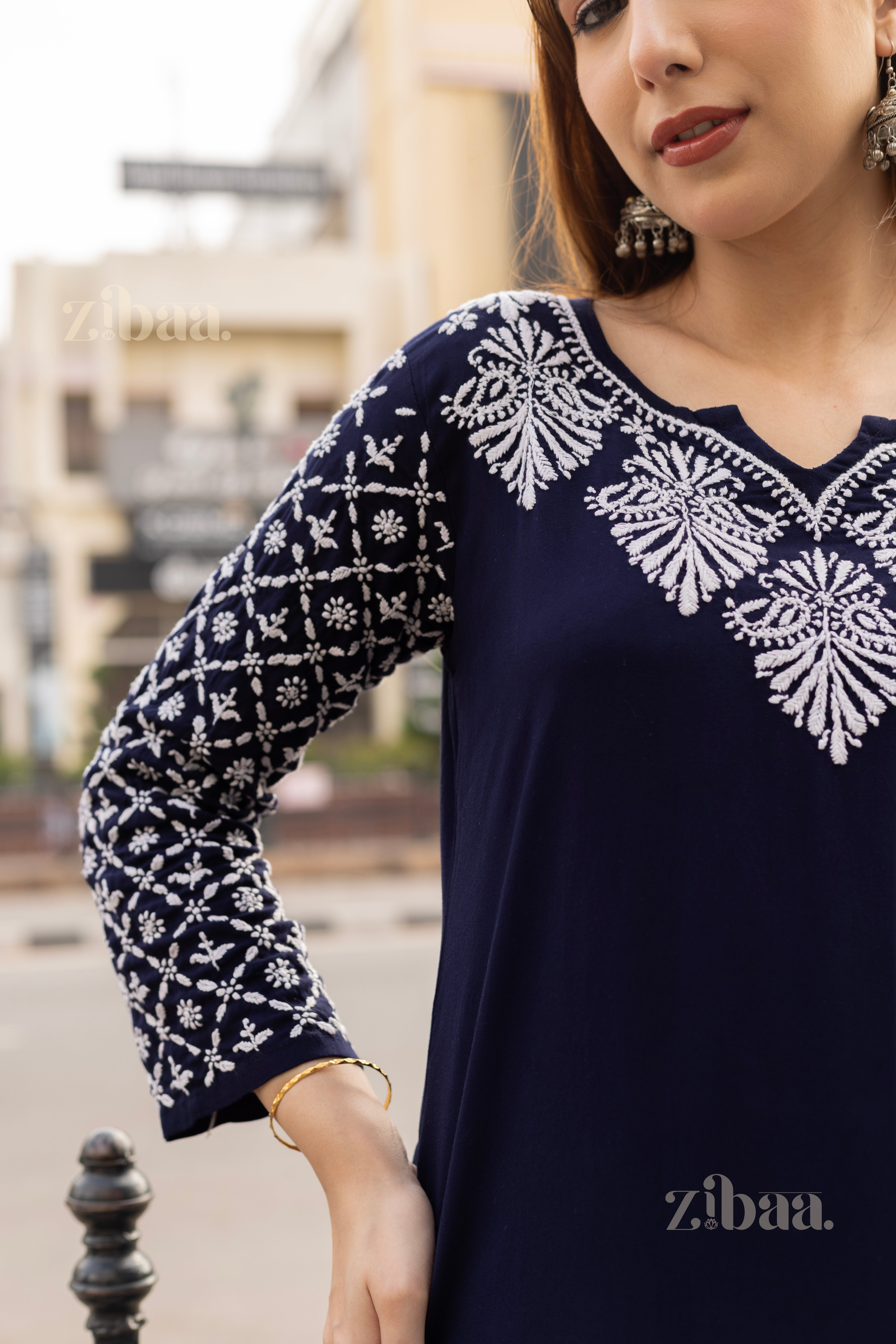 Maaya Rayon Blue Chikankari Kurti with Jaal work