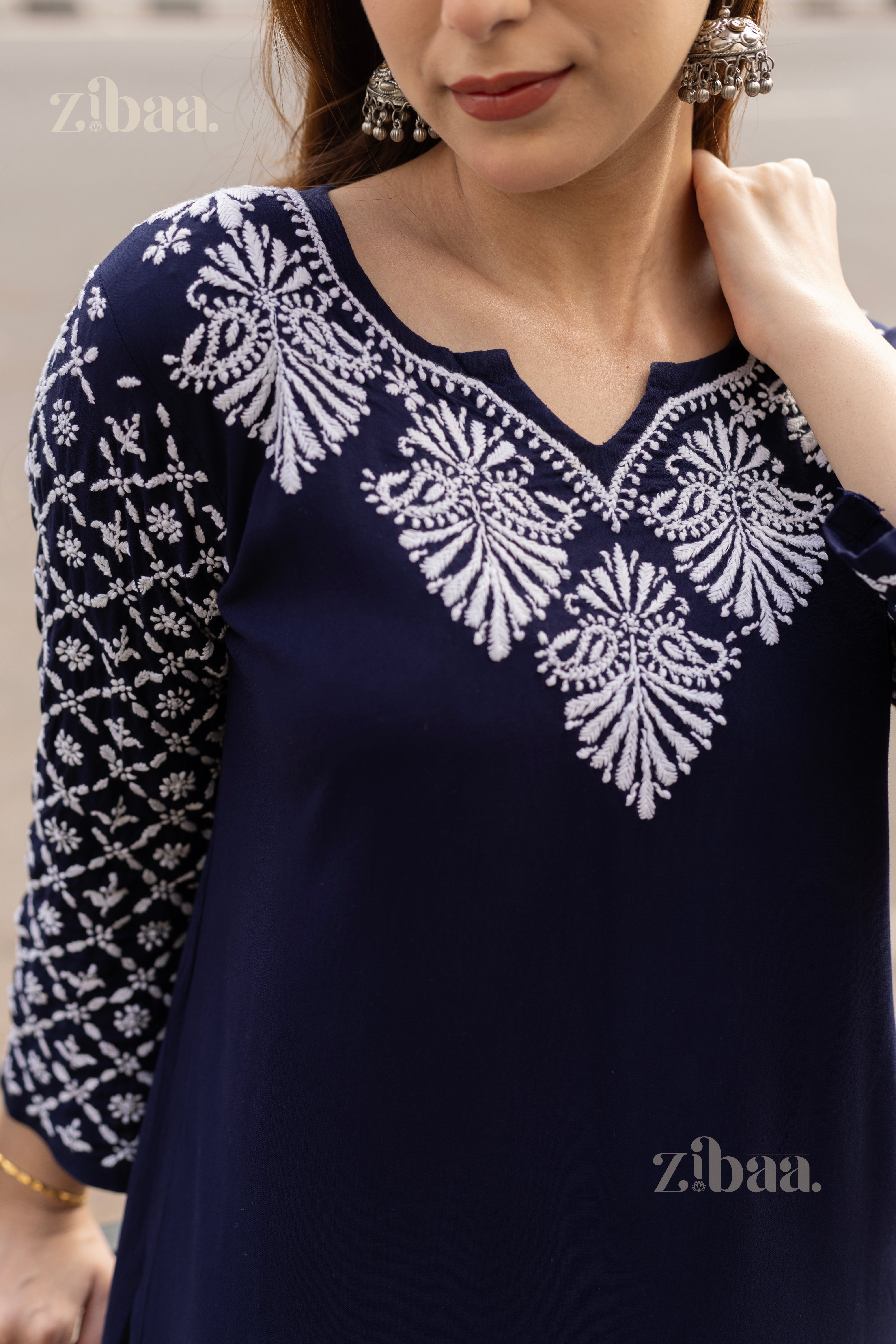 Maaya Rayon Blue Chikankari Kurti with Jaal work